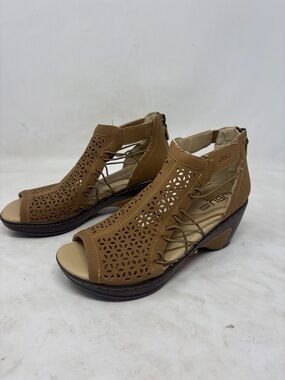 JBU Tan Laser-Cut Open-Toe Wedge Sandals